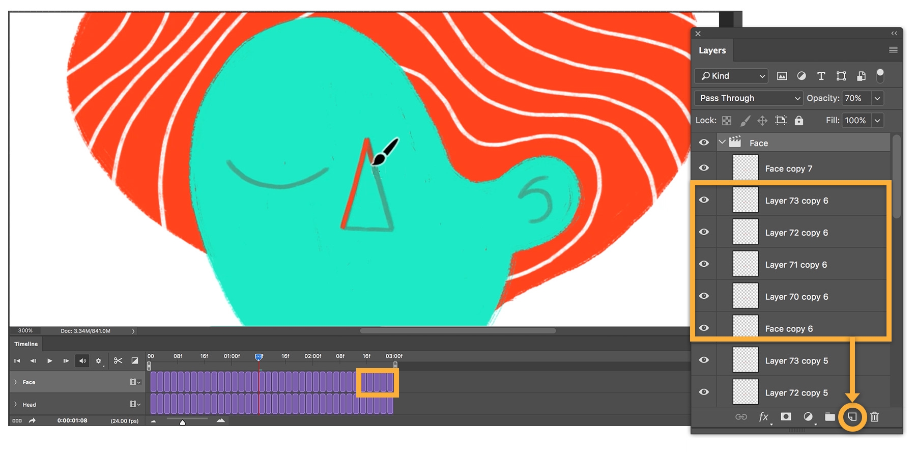 Subtle animation is added with new layers. Layers are duplicated in the timeline to create a 2 second sequence