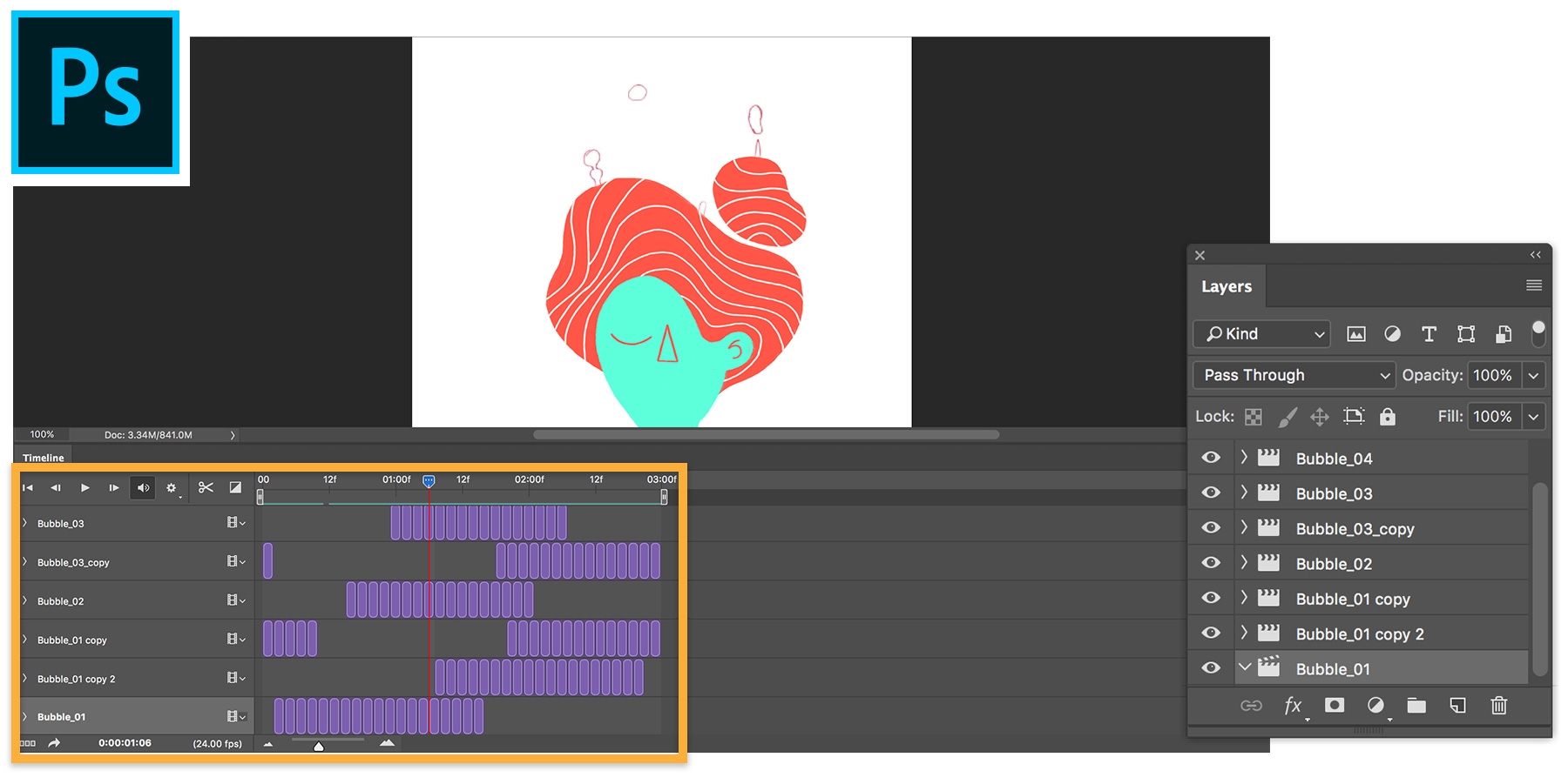 Bubble sequences are imported into Photoshop, positioned, and edited. Sequences are adjusted to start and stop randomly