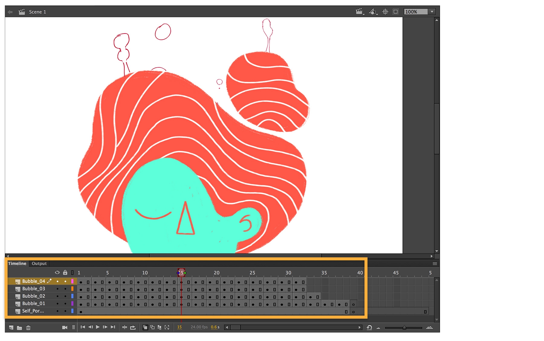 More bubble sequences are drawn in Adobe Animate. Animation cycles are set to last two frames. 