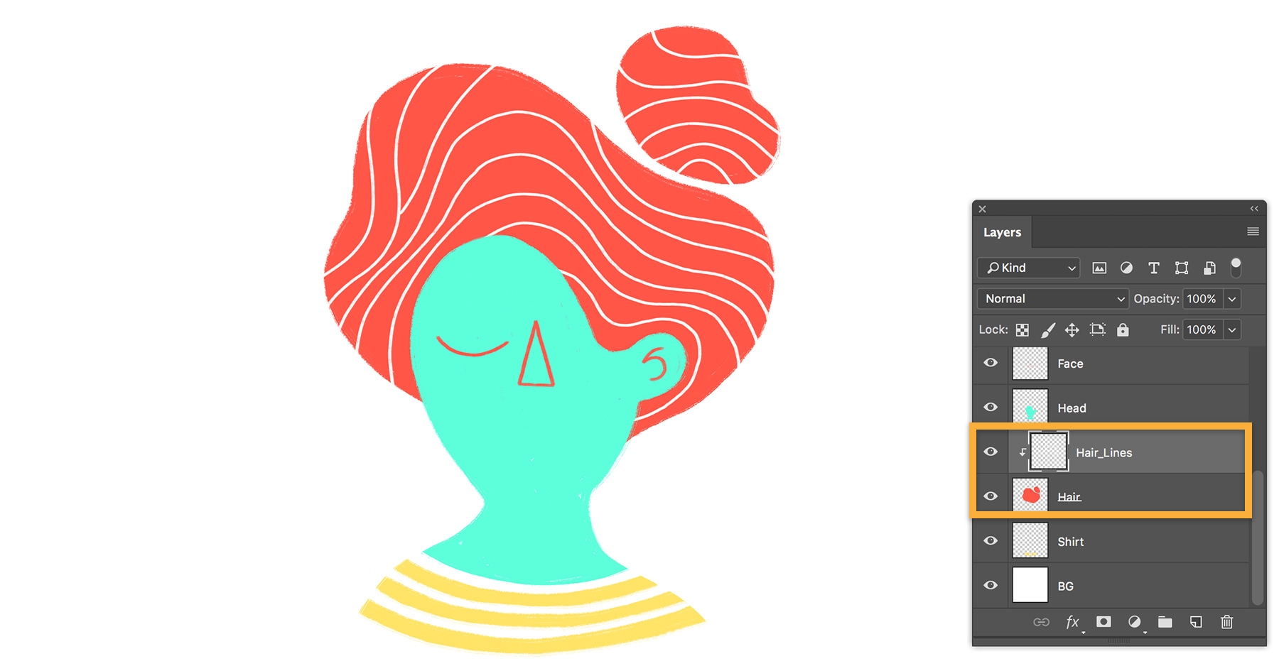 Head, hair, face and shirt are on individual layers in the Layers panel. Clipping mask added to hair and wavy lines are drawn