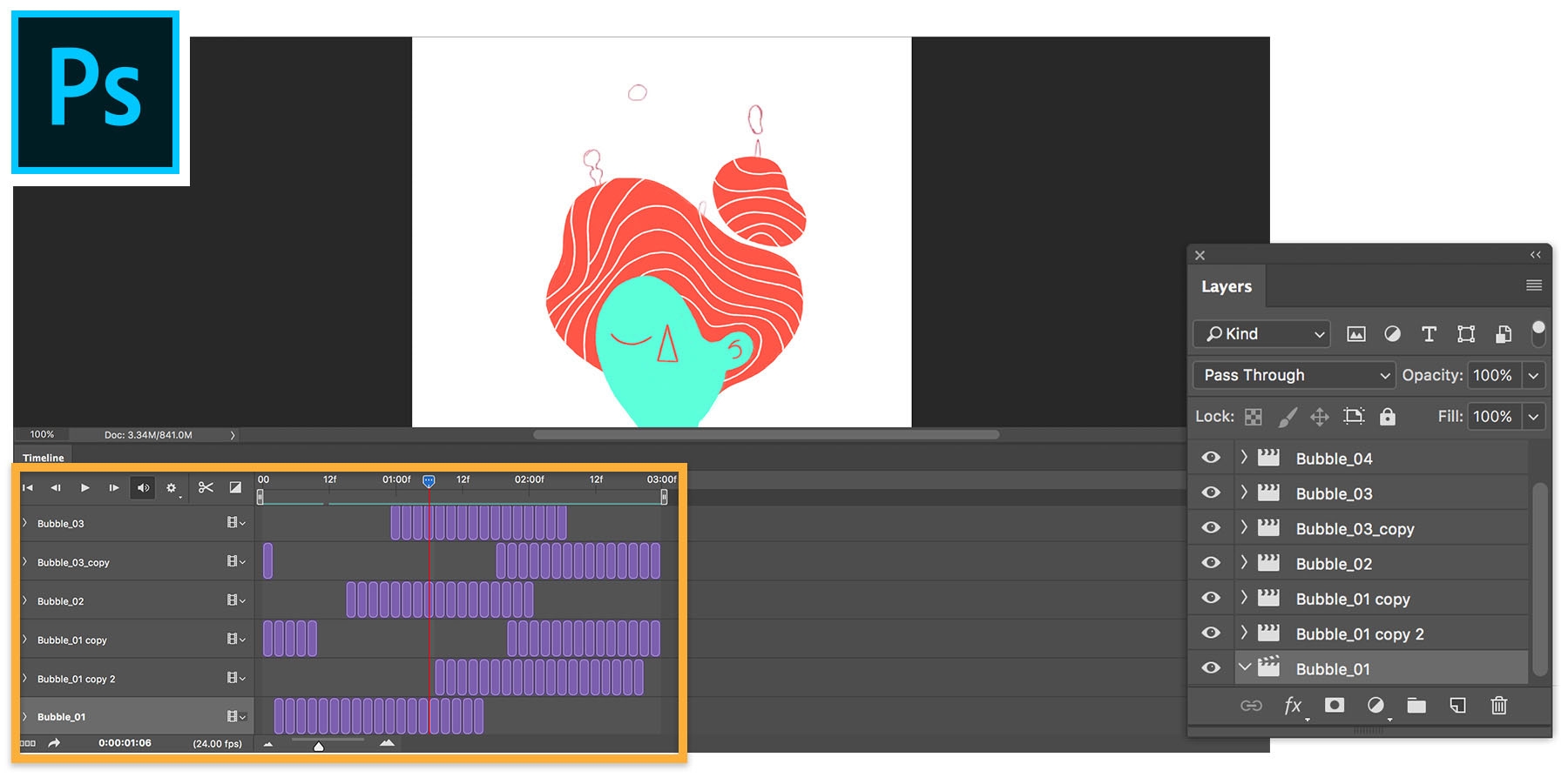 Bubble sequences are imported into Photoshop, positioned, and edited. Sequences are adjusted to start and stop randomly