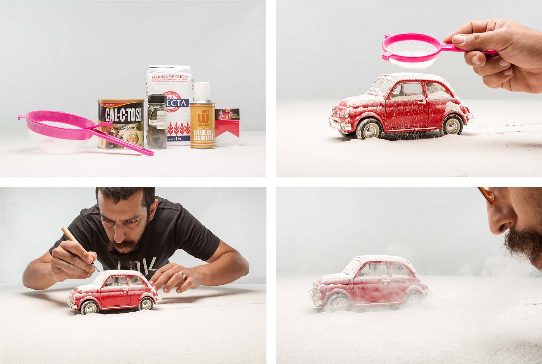 4 images - 1: Strainer, dill, & flour; 2: Strainer sifts flour on car; 3: Felix adjusts snow; 4: Felix blows smoke into scene