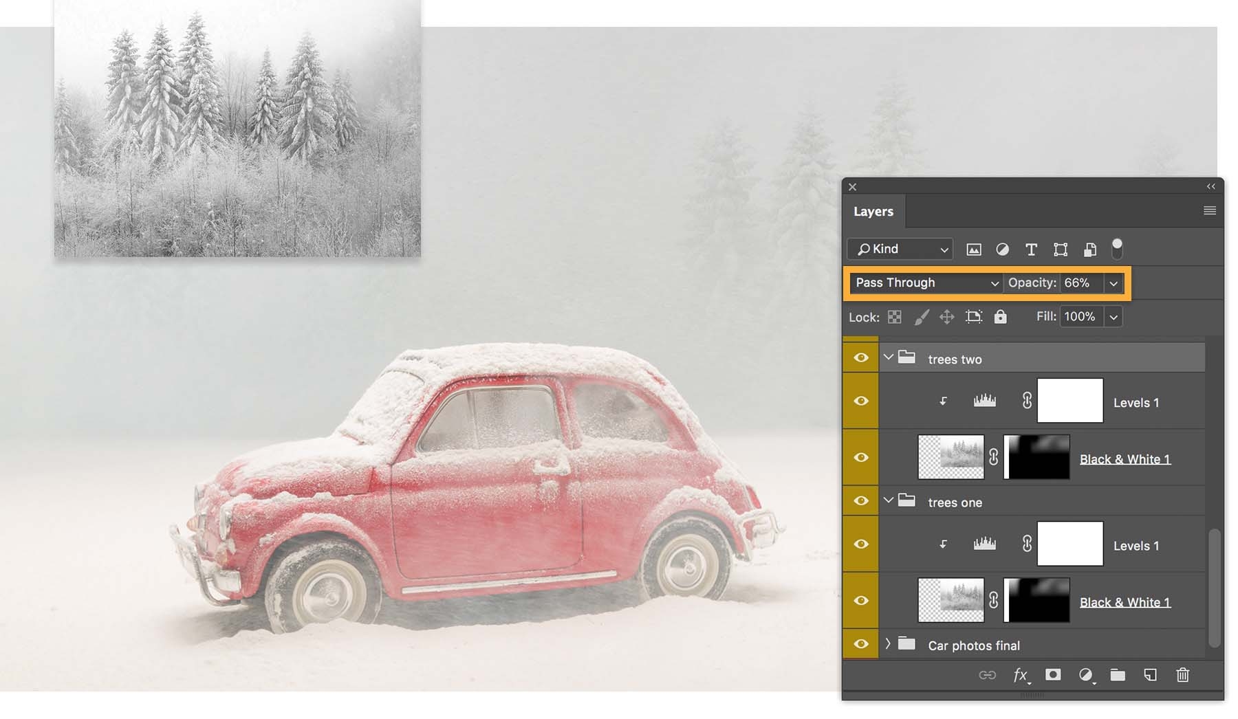 Image preview shows car in snow, Layers panel shows Black & White adjustment layers applied to trees