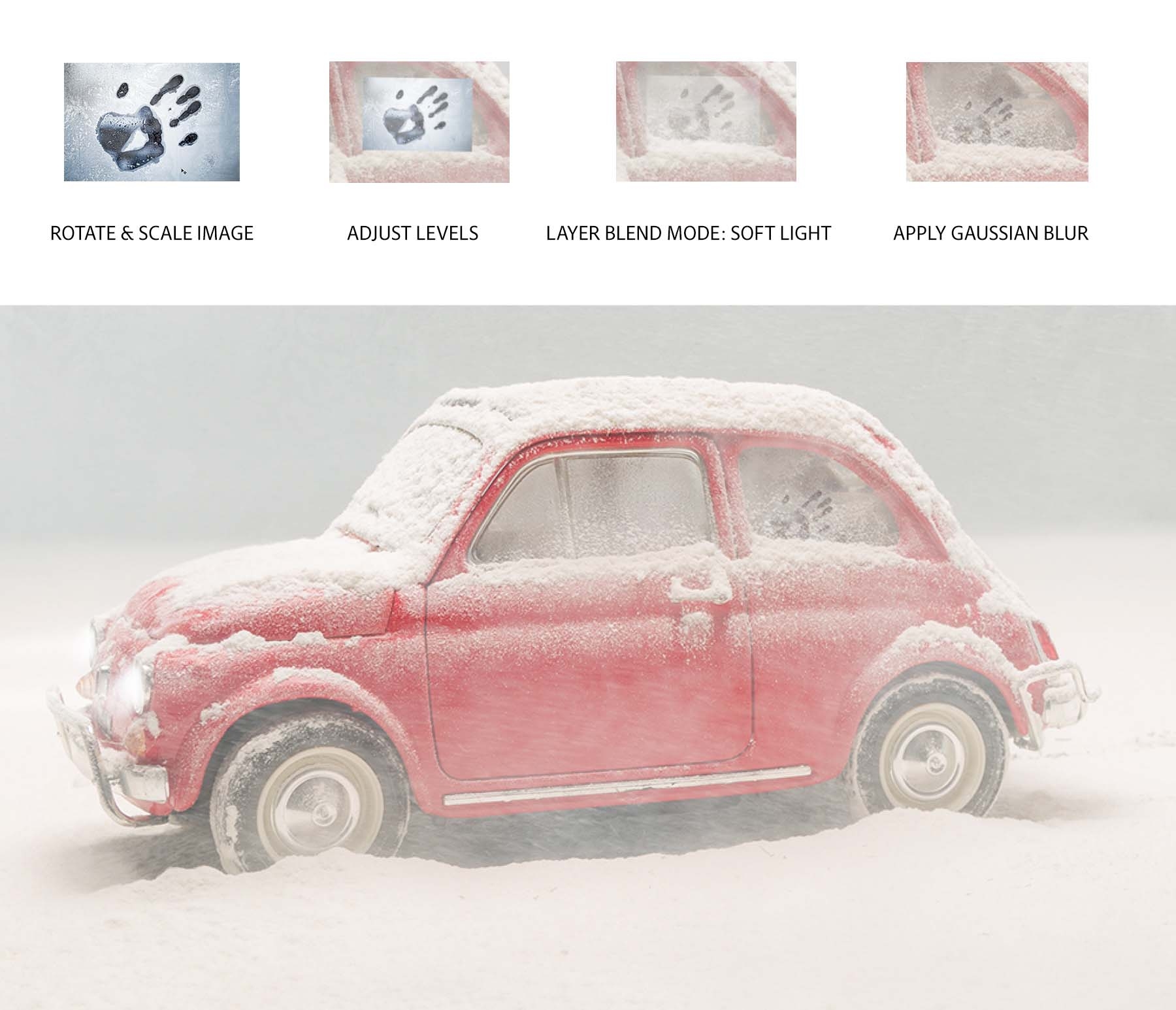 4 stages to add handprint image to car window – rotation, Levels adjustment, ‘Soft Light’ blend mode, Gaussian Blur