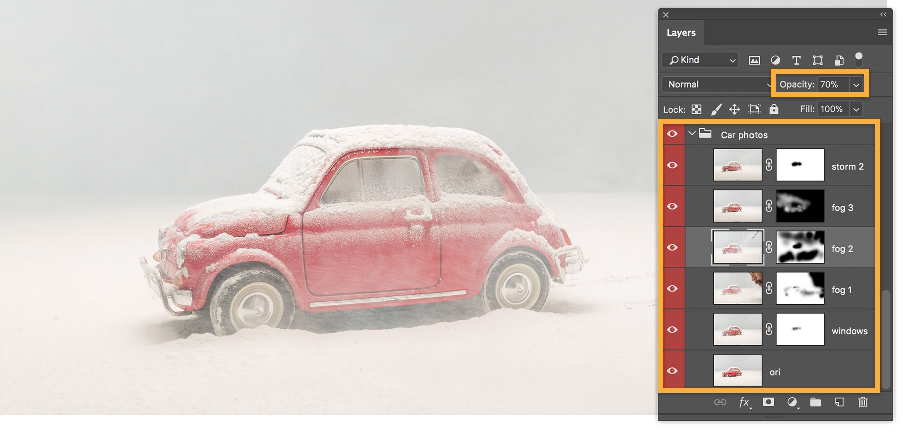 Image preview shows car in snow, Layers panel has 6 layers with layer masks on 5, 1 mask for windows, 3 for fog, 1 for storm