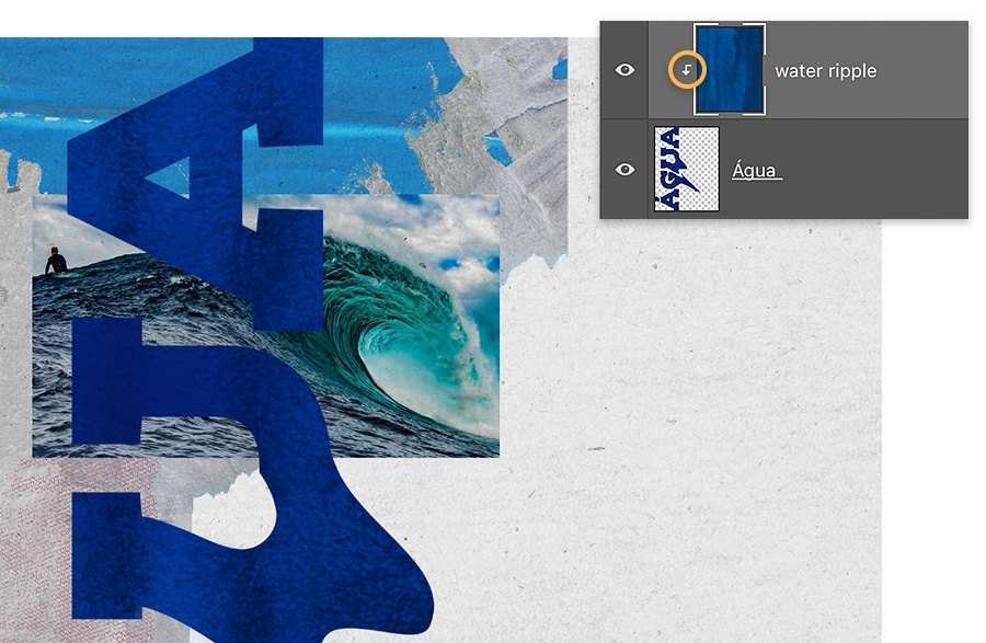 AGUA is rotated on its side, two image layers visible, a blue water image is applied to the letters as a clipping mask AGUA is rotated on its side, two image layers visible, a blue water image is applied to the letters as a clipping mask