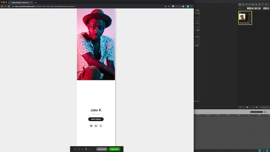 Preview window showing how portfolio will appear on multiple devices