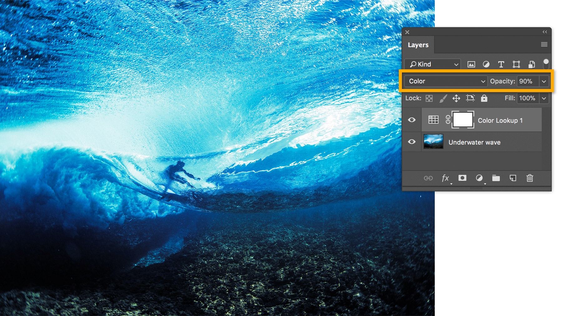 The surfer image is fine-tuned using Layer Blend Mode and Opacity options in the Layers panel The surfer image is fine-tuned using Layer Blend Mode and Opacity options in the Layers panel