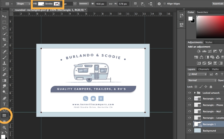 Background layer is selected, rectangle tool is highlighted. Rectangle with white fill and no stroke appears behind camper