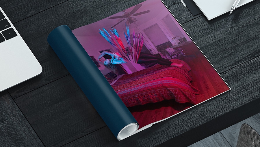 Final composite photo with colorful explosion coming from the model’s torso as she hovers above the bed Final composite photo with colorful explosion coming from the model’s torso as she hovers above the bed