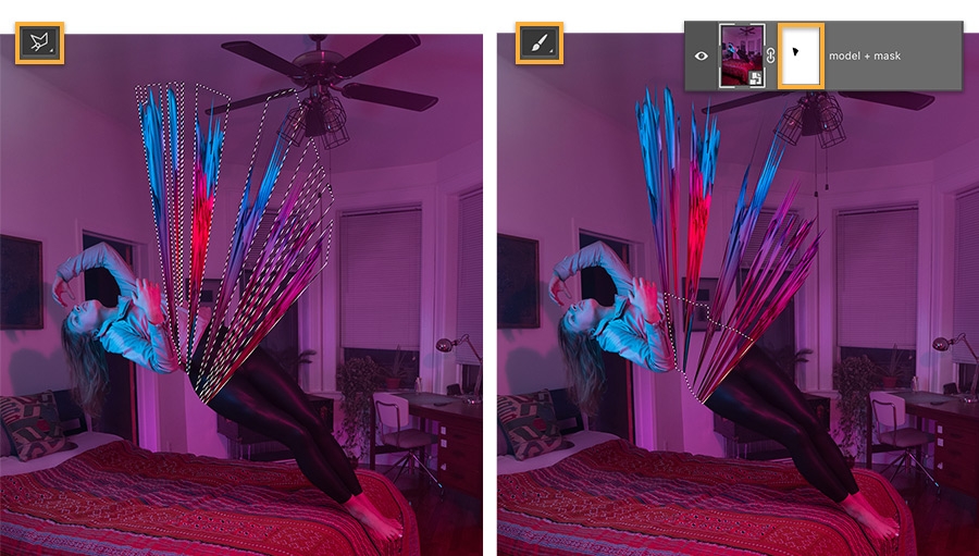 Left: Polygonal Lasso tool to select parts of the explosion; Right: Explosion after mask applied Left: Polygonal Lasso tool to select parts of the explosion; Right: Explosion after mask applied