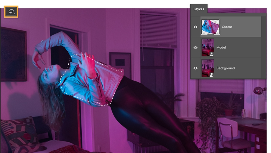 Image zoomed in on the model with marching ants selection around her torso made by the Lasso tool, selection is on new layer Image zoomed in on the model with marching ants selection around her torso made by the Lasso tool, selection is on new layer