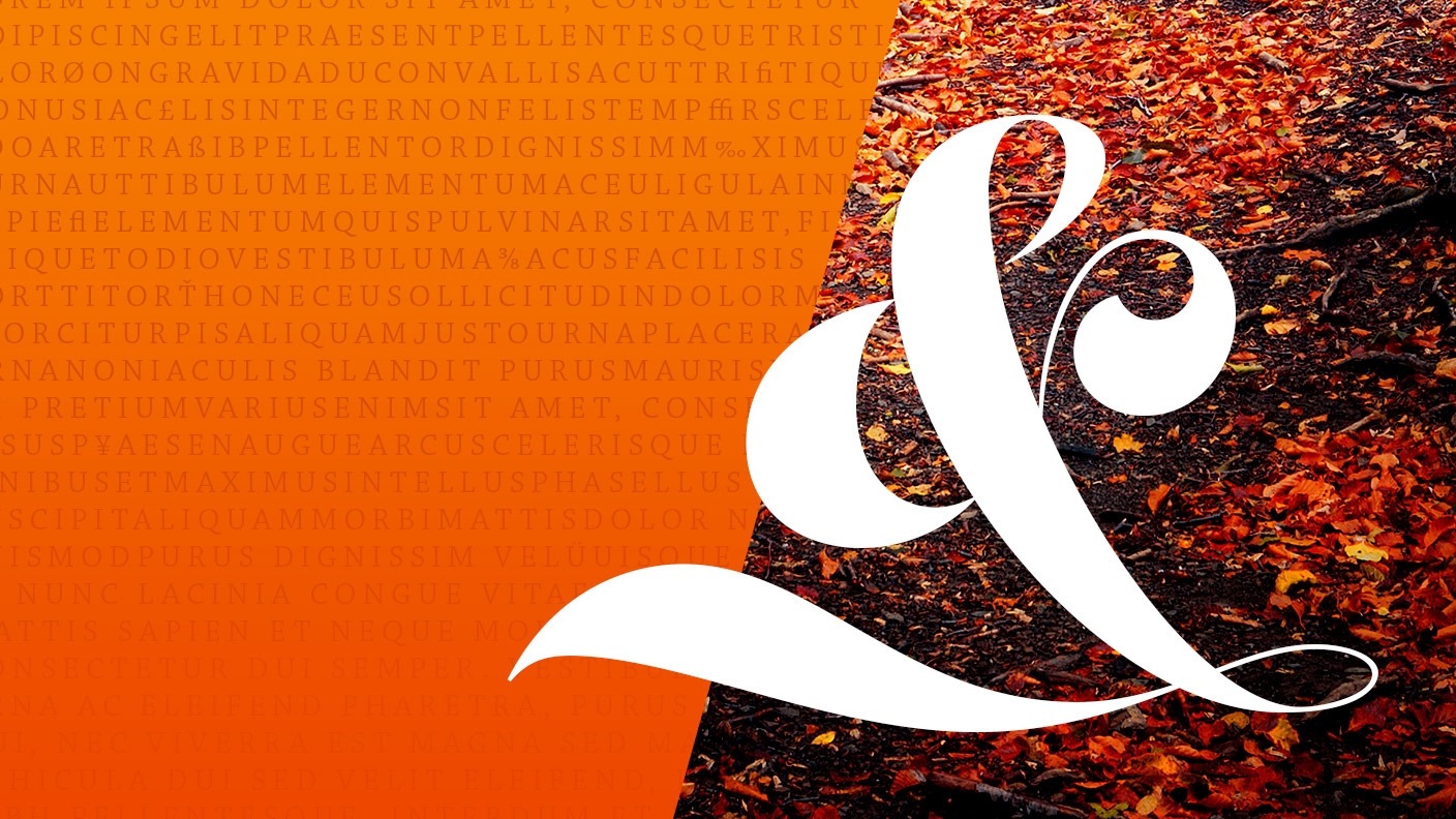 Large white ampersand in the middle of split image. Left: orange text over orange gradient. Right: fall leaves on the ground Large white ampersand in the middle of split image. Left: orange text over orange gradient. Right: fall leaves on the ground