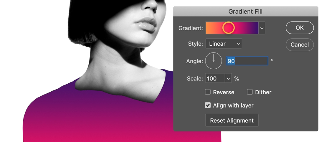 Photo of model shows orange, pink, and purple gradient over dress, Gradient Fill dialog has the Gradient thumbnail selected Photo of model shows orange, pink, and purple gradient over dress, Gradient Fill dialog has the Gradient thumbnail selected