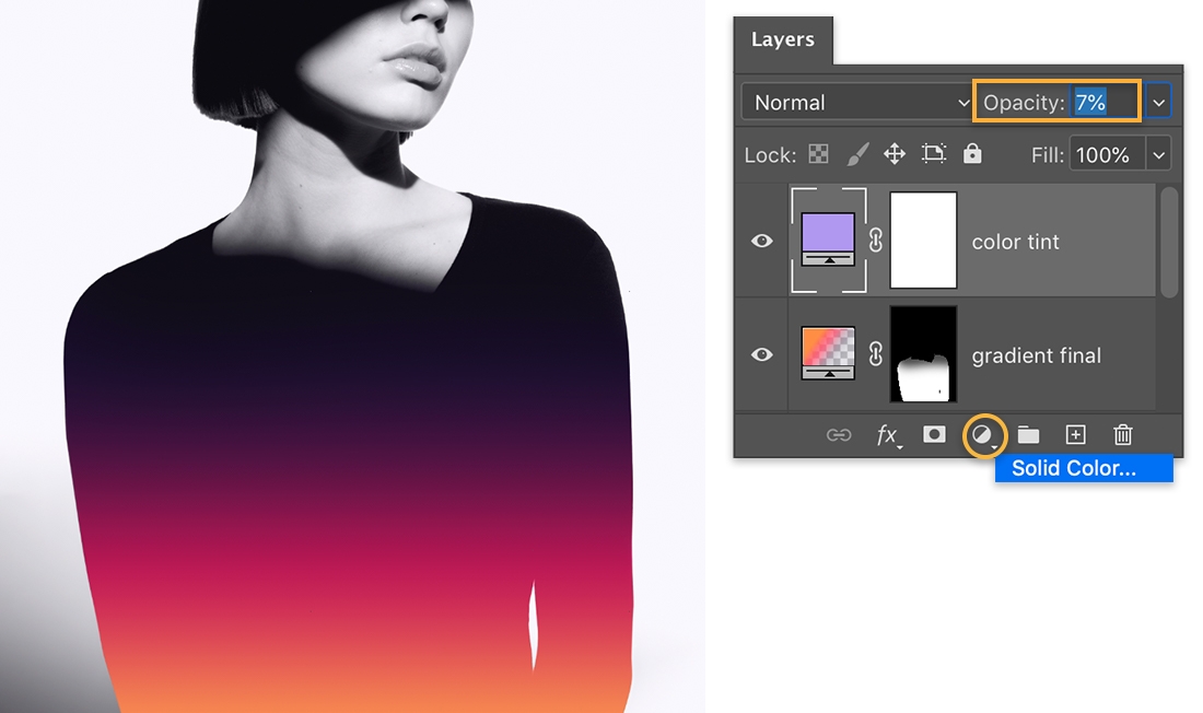 Photo of model has gradient pattern on dress & Layers panel has light purple solid color layer adjustment set to 7% opacity Photo of model has gradient pattern on dress & Layers panel has light purple solid color layer adjustment set to 7% opacity