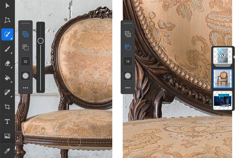 The Select tool makes a quick selection of the chair in Photoshop on the iPad. The Select tool makes a quick selection of the chair in Photoshop on the iPad.