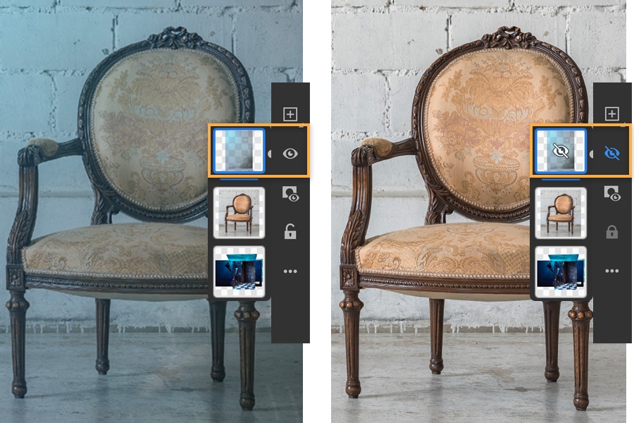 The chair on the left shows the overlays layer is visible, muting the photo and hidden on the right so the chair is clearer. The chair on the left shows the overlays layer is visible, muting the photo and hidden on the right so the chair is clearer.