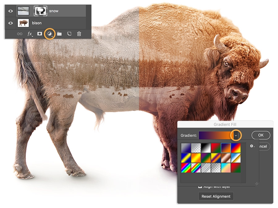 Gradient adjustment layer added, Blend mode set to Overlay, and Opacity reduced to 60% for photo composite effect. Gradient adjustment layer added, Blend mode set to Overlay, and Opacity reduced to 60% for photo composite effect.