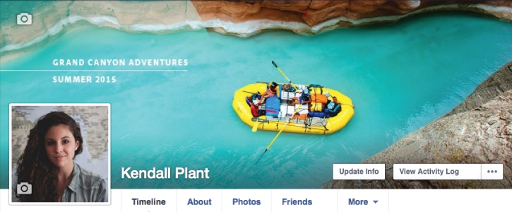 Facebook profile of a woman with personalized rafting cover photo reading “Grand Canyon Adventures Summer 2015” Facebook profile of a woman with personalized rafting cover photo reading “Grand Canyon Adventures Summer 2015”