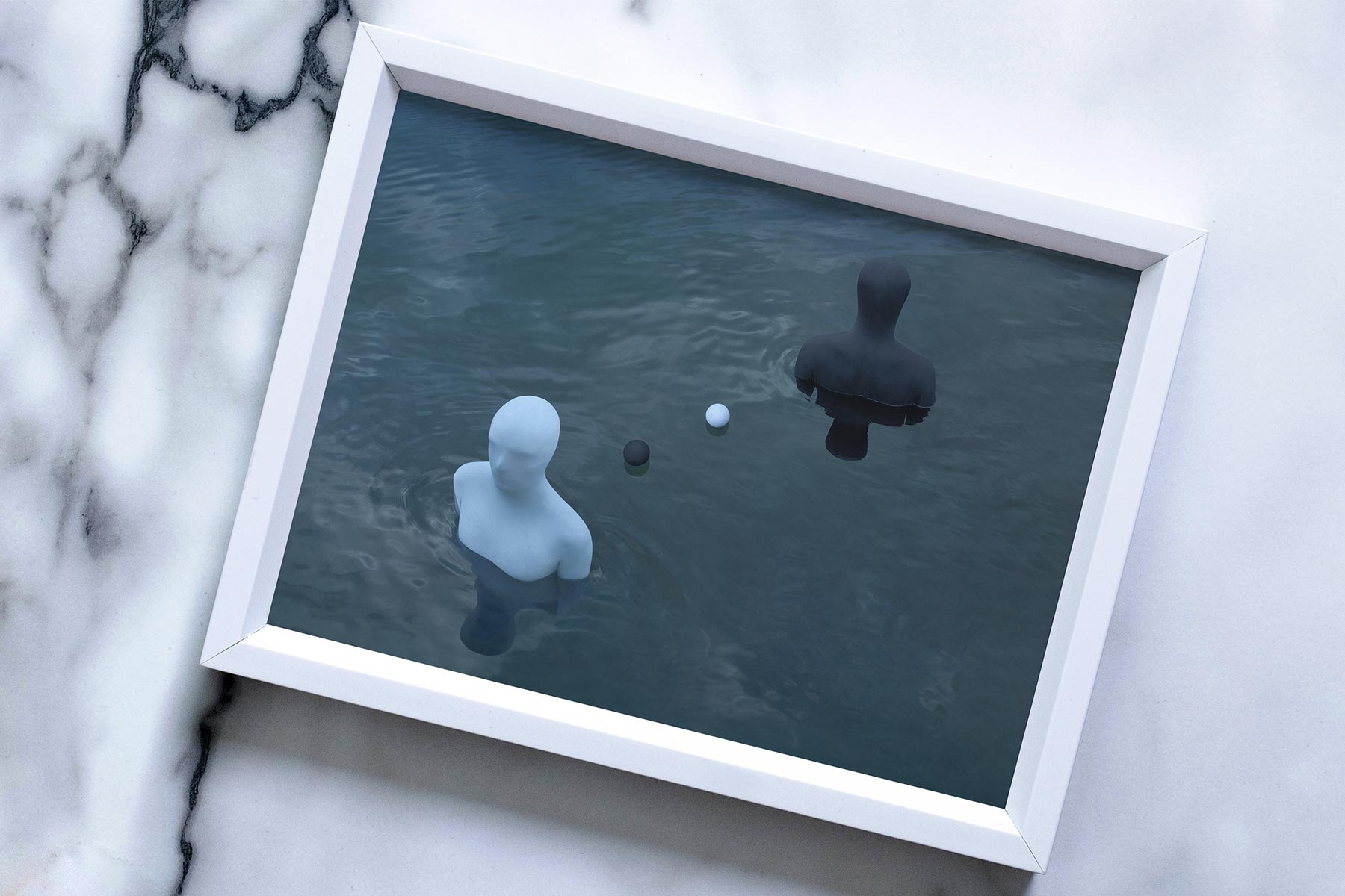 Framed artwork on marble slab of two men in solid black and white bodysuits and two solid black and white balls in water Framed artwork on marble slab of two men in solid black and white bodysuits and two solid black and white balls in water
