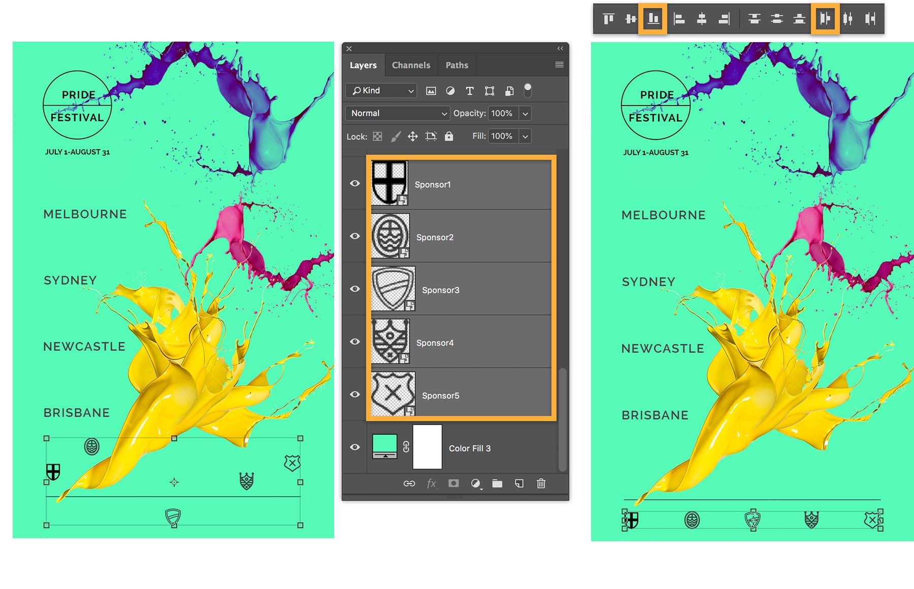 Text is distributed horizontally and aligned along the bottom with Align Bottom Edges and Distribute Left Edges.