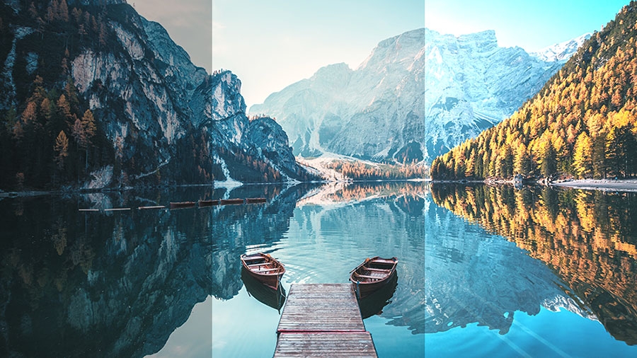 Photo of a peaceful river scene showing three different exposure settings Photo of a peaceful river scene showing three different exposure settings