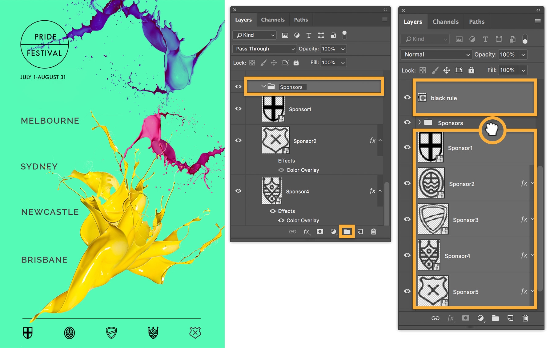 Create a New Group folder icon is highlighted, layer is named, multiple layers are selected and dragged into the new group Create a New Group folder icon is highlighted, layer is named, multiple layers are selected and dragged into the new group
