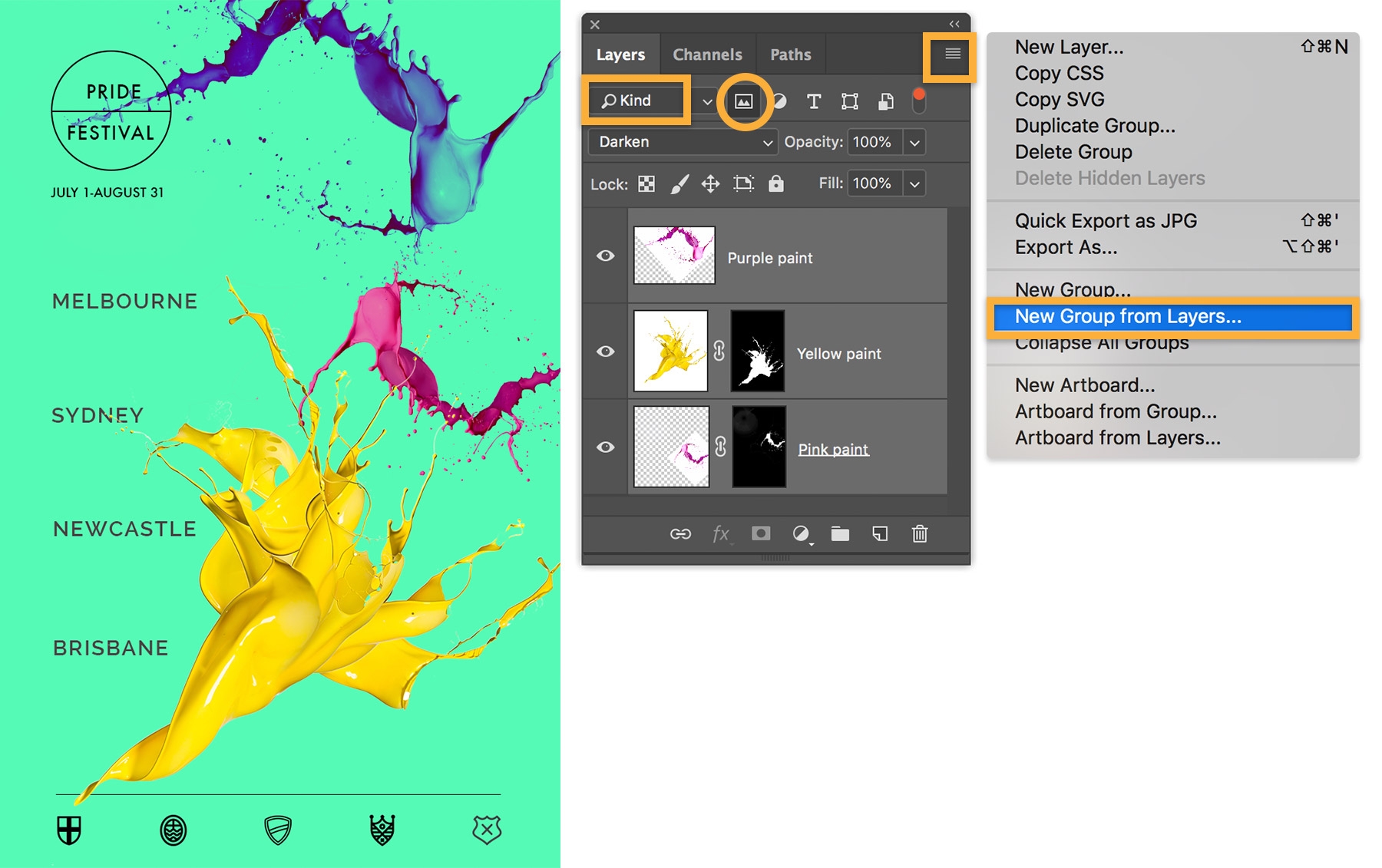 Select “Kind” then image icon in the Layers panel to filter layers by type of content. Click New Group from Layers. Select “Kind” then image icon in the Layers panel to filter layers by type of content. Click New Group from Layers.