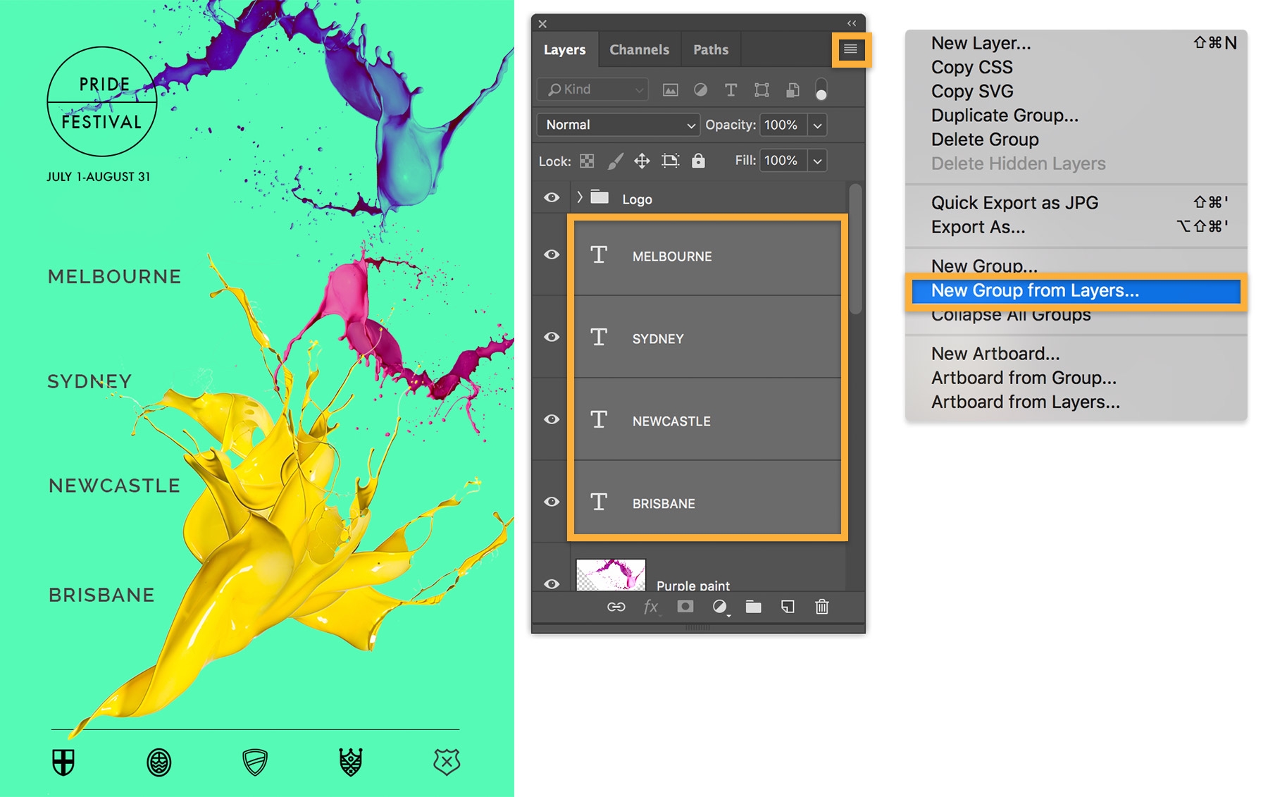 Four text layers are selected, Layers panel menu > New Group from Layers is selected, and group is named “Cities” Four text layers are selected, Layers panel menu > New Group from Layers is selected, and group is named “Cities”