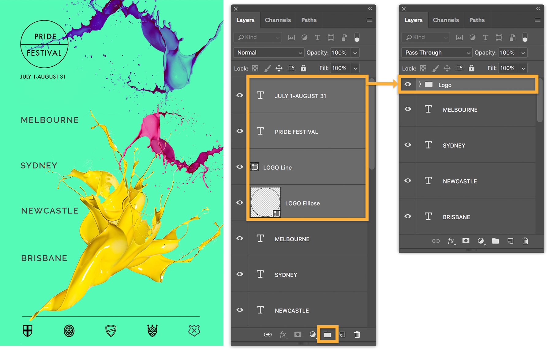 Four layers that make up the logo are selected, folder icon is highlighted, and layer group name is changed to Logo Four layers that make up the logo are selected, folder icon is highlighted, and layer group name is changed to Logo