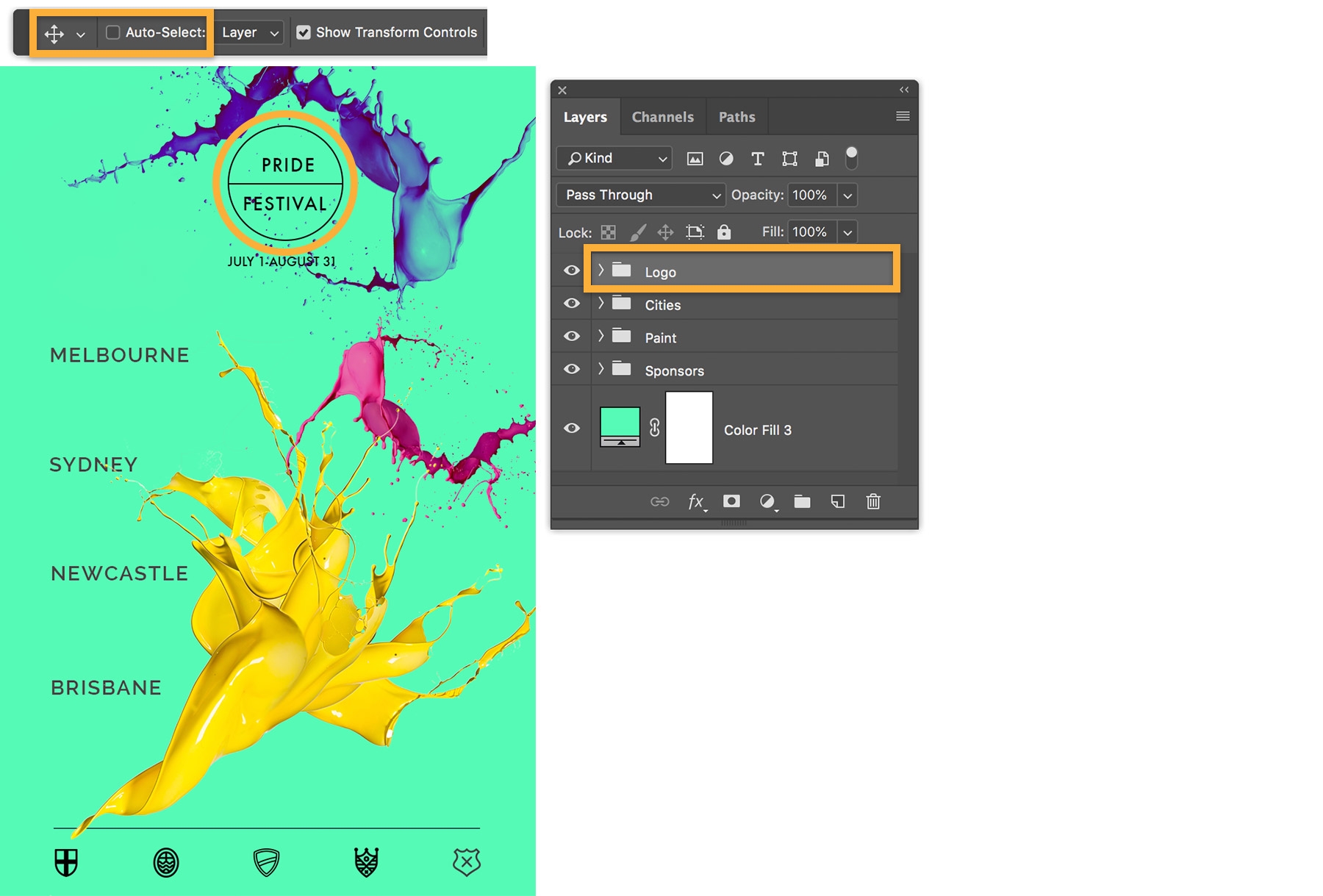 Choose Move tool, uncheck Auto-Select option, click a layer group in the Layers panel to move multiple layers at once. Choose Move tool, uncheck Auto-Select option, click a layer group in the Layers panel to move multiple layers at once.