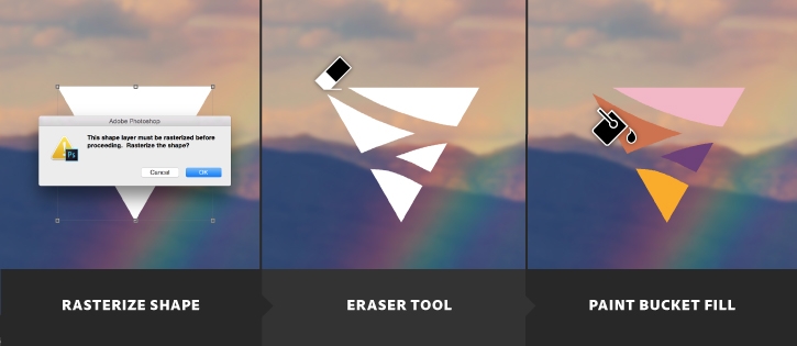 Vector layers become pixels when rasterized. Eraser Tool and Paint Bucket Fill are used to enhance a rasterized shape.  