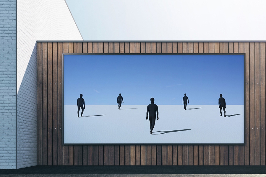 Artwork of five men in black bodysuits walking on sand hangs on wood wall. The sky is light blue and shadows appear on sand. Artwork of five men in black bodysuits walking on sand hangs on wood wall. The sky is light blue and shadows appear on sand.