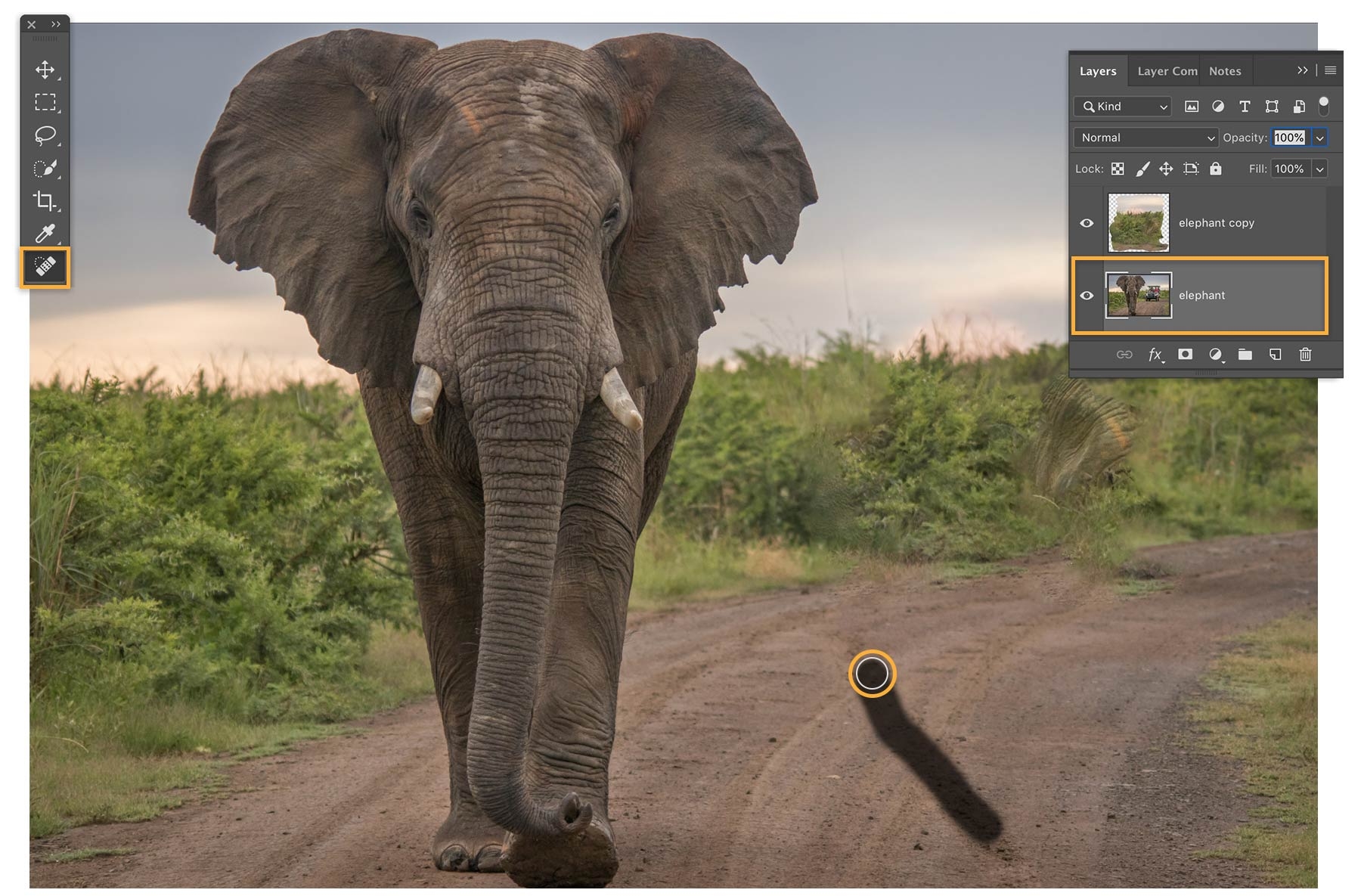 Original image of elephant with vehicle is preserved on its own layer, while vehicle selection edits are on a separate layer Original image of elephant with vehicle is preserved on its own layer, while vehicle selection edits are on a separate layer