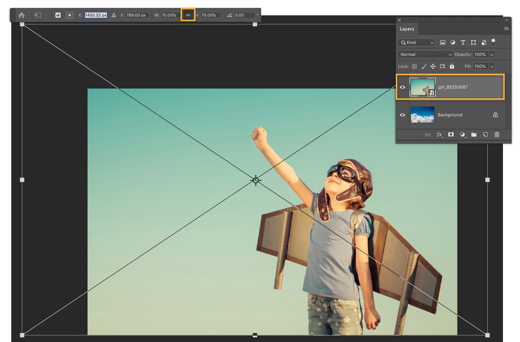 Layers panel shows white cloud layer below aviator girl layer. Aviator girl layer is resized to fit the cloud layer. Layers panel shows white cloud layer below aviator girl layer. Aviator girl layer is resized to fit the cloud layer.