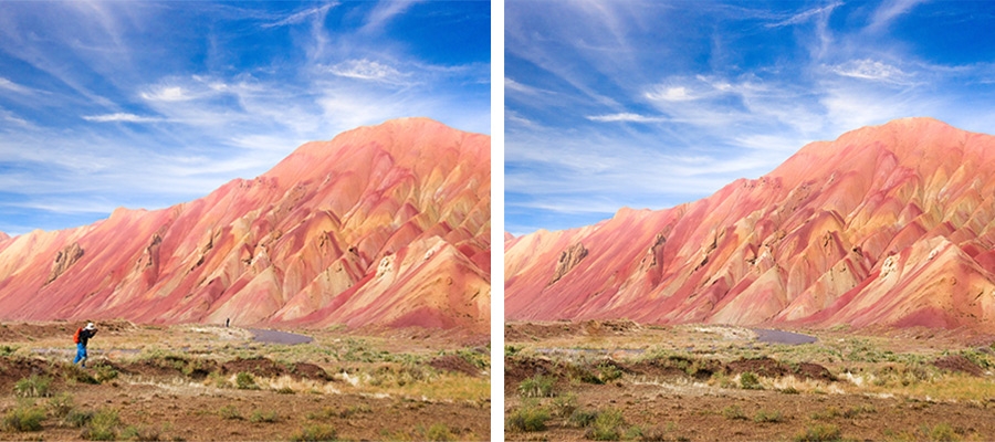 Side by side images of a mountain landscape with a person walking removed on one side Side by side images of a mountain landscape with a person walking removed on one side