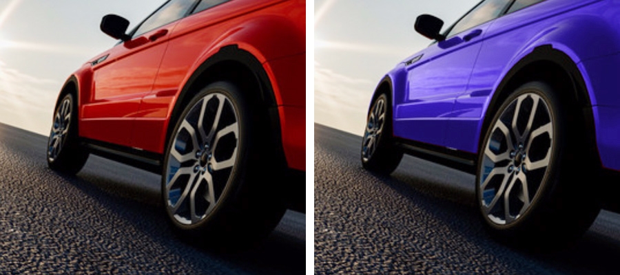 Side by side photos of a car, the car is red in one photo and purple in the other Side by side photos of a car, the car is red in one photo and purple in the other