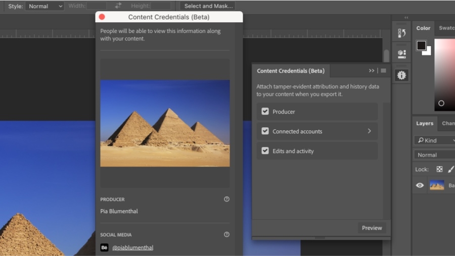 Content Credentials panel displays author, connected accounts, edits and activity selection options for exporting Photoshop documents.