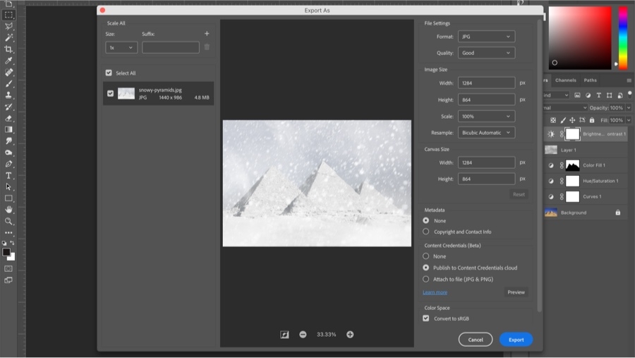 Photoshop export menu displays Content Credentials cloud publishing option.