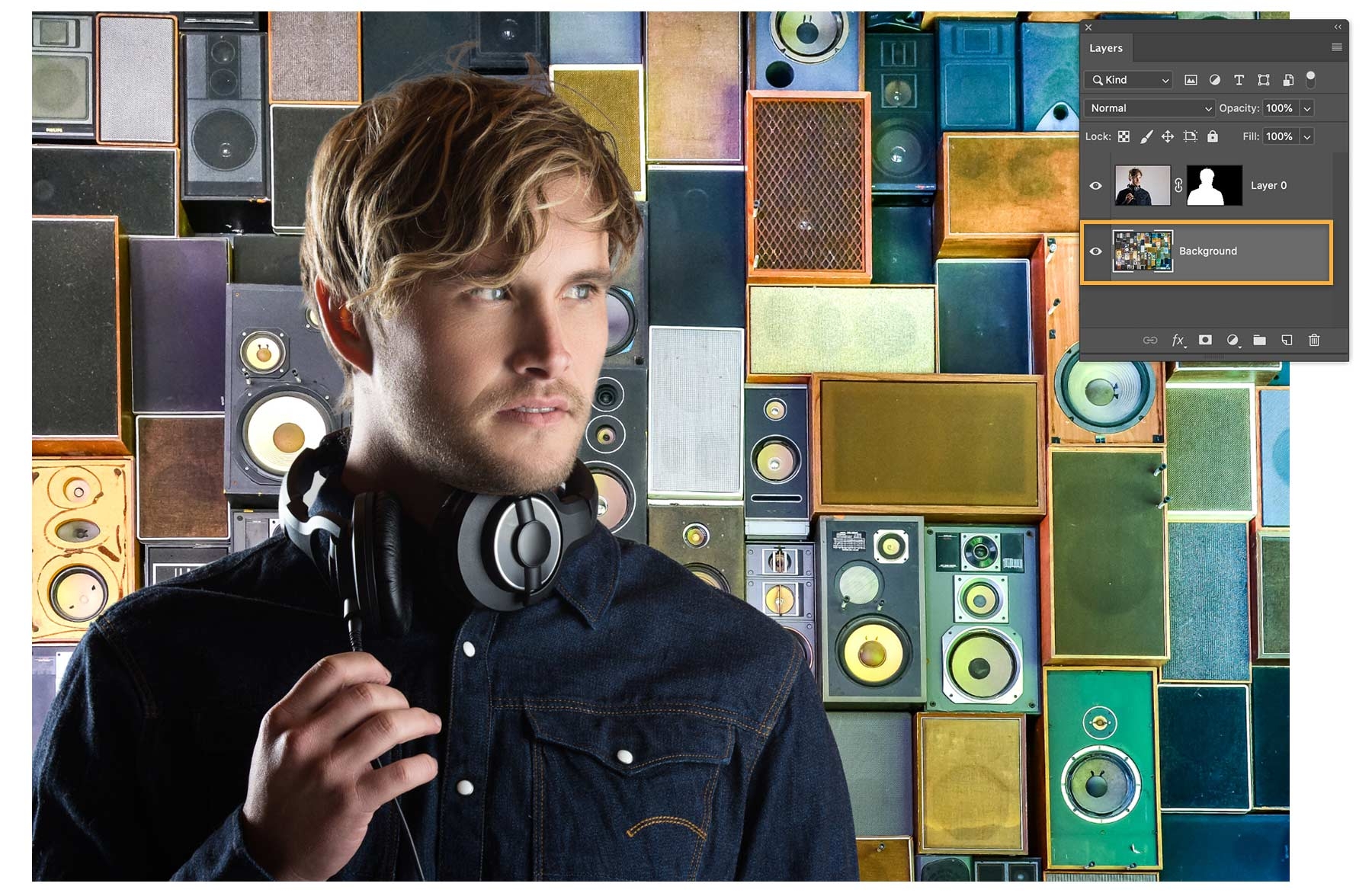 The speakers layer is moved below the image of the man and now appears behind him. The speakers layer is moved below the image of the man and now appears behind him.