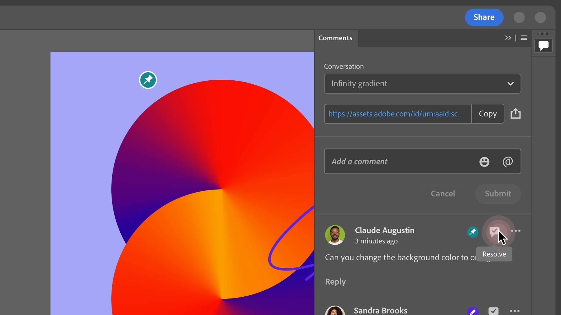 A cursor hovers over the "Resolve" option in the Comments panel.