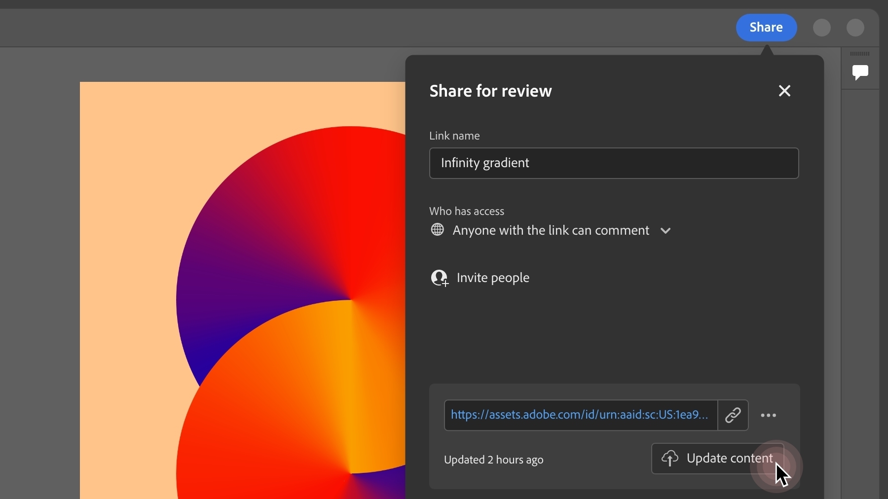 A cursor hovers over the "Update content" menu option in the Comments panel.