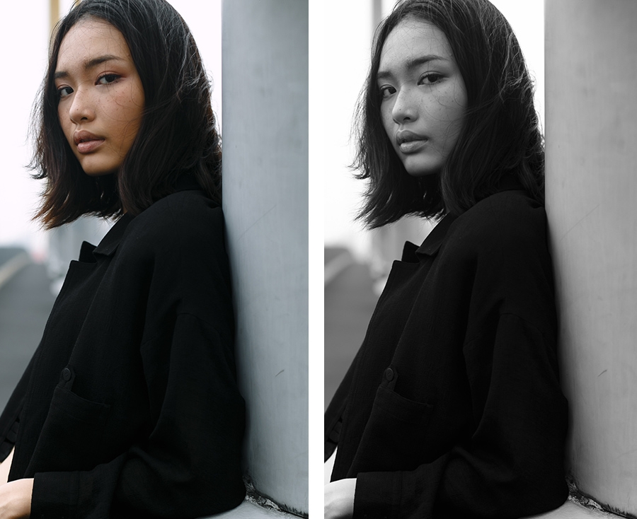 Side-by-side versions, color and black and white, of model leaning against a wall Side-by-side versions, color and black and white, of model leaning against a wall