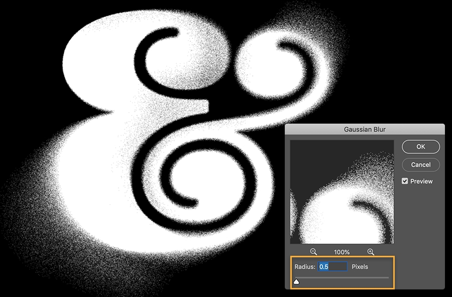 Gaussian blur dialog shows Radius set to .5 points Gaussian blur dialog shows Radius set to .5 points