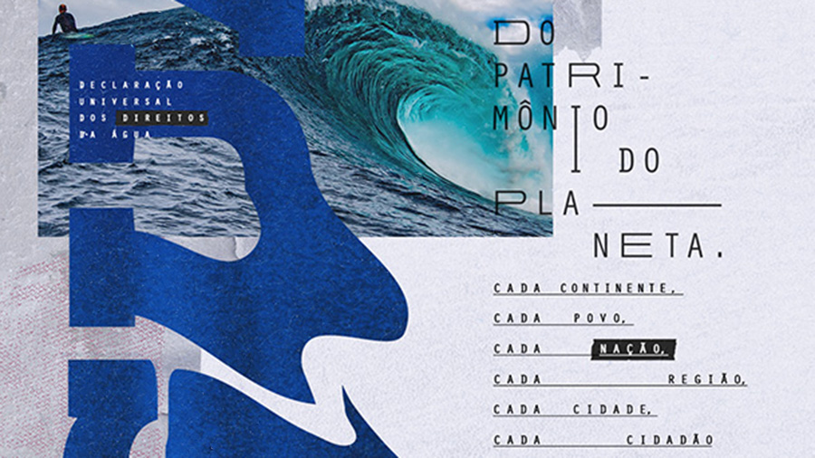 A collaged image that includes a surfer, some large blue wavy letters with white text overlaid, and some text in black on a gray background