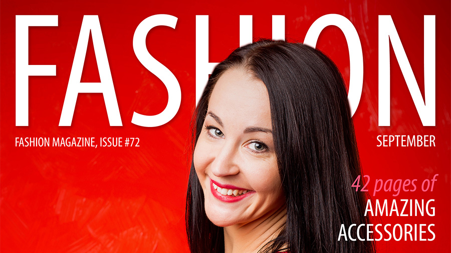 Top part of a magazine called FASHION with a woman's face on a red background