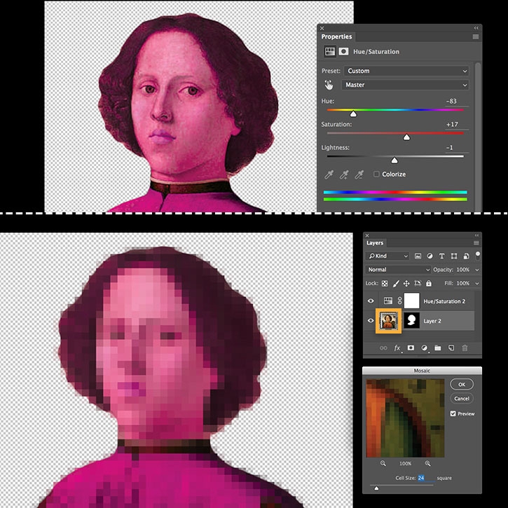 Top: Hue/Saturation is adjusted. Bottom: Mosaic filter is added to make the image appear pixelated.