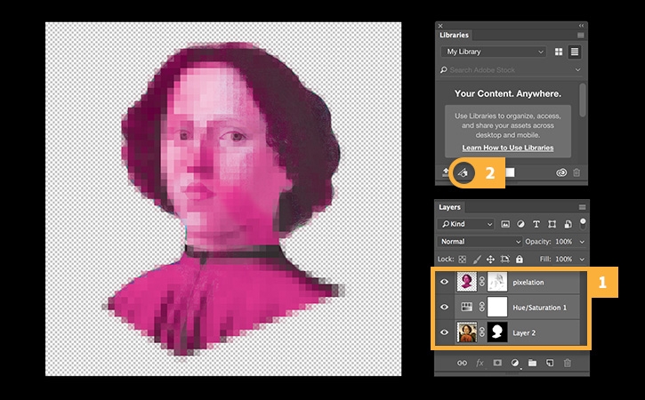 Pixelated portrait is saved to Creative Cloud Libraries and used in Illustrator to create a pattern. 