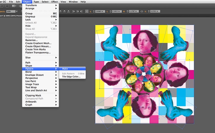 Magenta, teal, and yellow sections of the original portrait are added and rotated, creating a pattern.