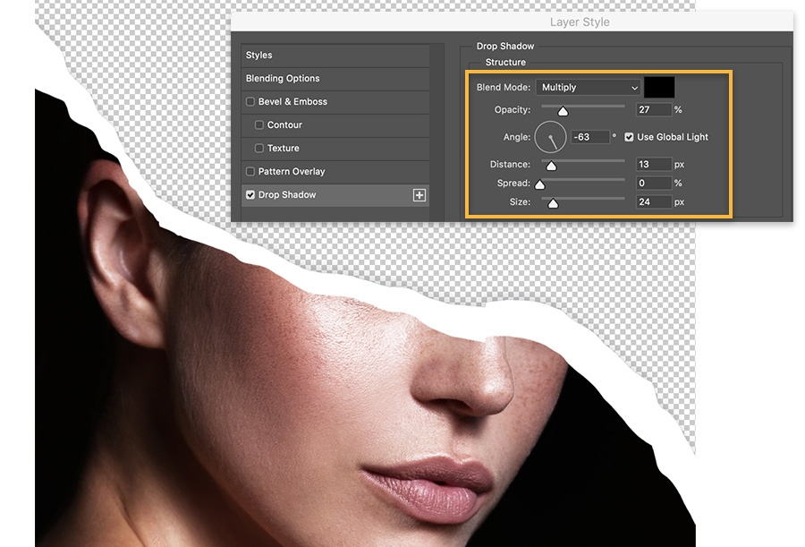 Layer Style dialog displays over the ripped edge portrait and shows the Drop Shadow setting checked and settings highlighted Layer Style dialog displays over the ripped edge portrait and shows the Drop Shadow setting checked and settings highlighted